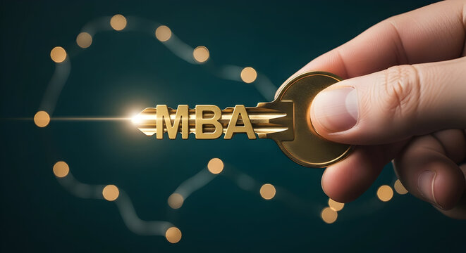 Golden mba key held by a hand symbolizes unlocking business education and career opportunities representing success achievement and the value of a master's degree in business administration