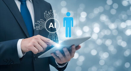Businessman interacts with artificial intelligence on a tablet showcasing modern technology and digital transformation in business with a focus on ai driven solutions and innovative applications