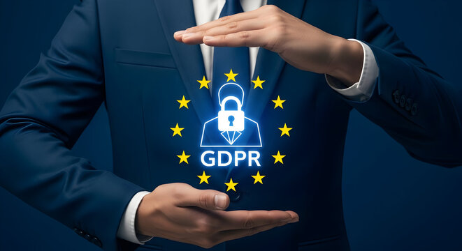Businessman in a suit protects GDPR data with hands showcasing data privacy and compliance with European Union regulations ensuring secure data handling and protection of personal information
