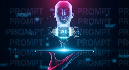 Futuristic ai concept featuring a glowing human head a central processing unit with ai inscription and a hand holding a digital tablet against a backdrop of repeating prompt text