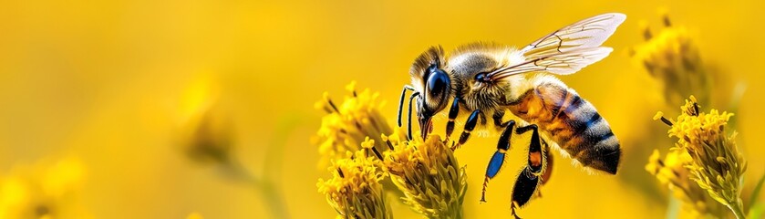 Macro Shot of Honeybee Pollinating Yellow Flowers in Vibrant Nature Scene