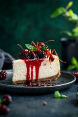 Ants on Cheesecake with Berry Topping and Mint Leafs on Dark Plate
