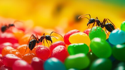 Macro View of Ants Exploring Colorful Gummy Candies