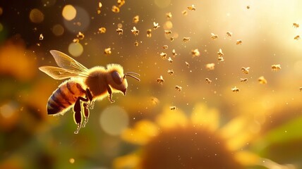 Close-Up of Honeybee in Flight with Sunlit Background
