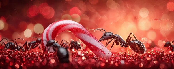 Ants Gathering Around Candy Cane in Festive Atmosphere