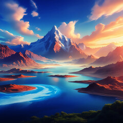 Vibrant Fantasy Mountain Landscape with River, Colorful Rocks, and Dramatic Sunset Sky.