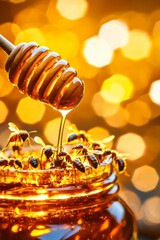 Close-Up of Honey Bees Gathering Around a Dripping Honey Dipper