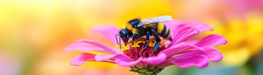 Close-Up of Bumblebee Pollinating Vibrant Pink Flower in Sunlit Garden