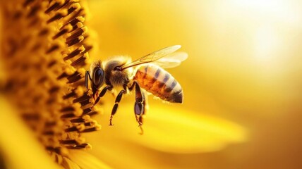 Close-up of Honeybee Pollinating a Sunflower in Warm Sunlight