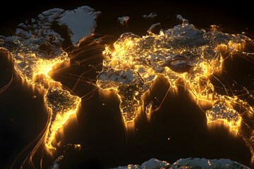 Glowing world map at night with illuminated continents