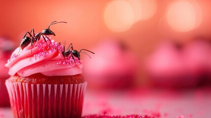 Ants Crawling on Pink Frosted Cupcake with Sprinkles