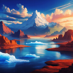Vibrant Fantasy Mountain Landscape with River, Colorful Rocks, and Dramatic Sunset Sky.
