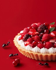 Vibrant Berry Tart with Ants on Bold Red Background