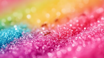 Macro Image of Ant on Vibrant Rainbow Sugar Crystals