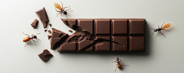 Close-Up of Ants Crawling Around Broken Chocolate Bar