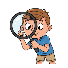 Cartoon boy looking through a magnifying glass, examining something closely.