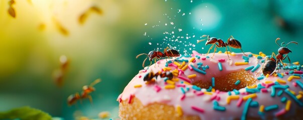 Ants on a Donut with Sprinkles in Vibrant Outdoor Setting