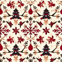 Festive Seamless Pattern with Red Christmas Trees and Snowflakes