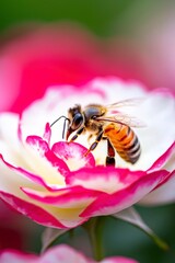 Close-up of Honeybee on Vibrant Pink and White Flower