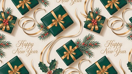 Festive New Year background with green presents and golden decorations