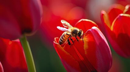 Close-Up of a Honeybee on Vibrant Red Tulip in Blooming Garden