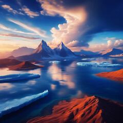 Vibrant Fantasy Mountain Landscape with River, Colorful Rocks, and Dramatic Sunset Sky.