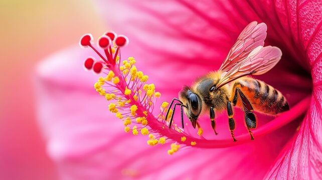 Macro Shot of a Bee Pollinating a Vibrant Pink Flower