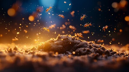 Dynamic Macro Shot of Ants in Action with Soaring Particles