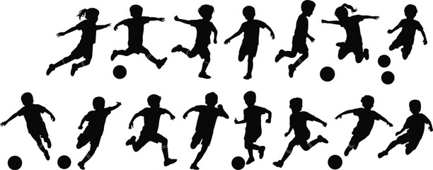 PrintLarge Black Silhouette Vector Collection of Young Boys and Girls Playing Soccer, Kicking, Running, and Engaging in Youth Football
