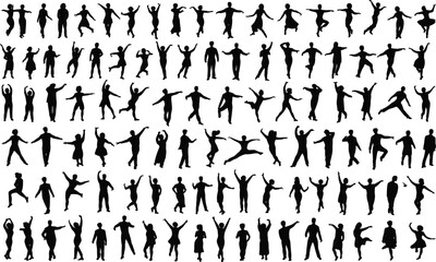 PrintLarge collection of dancing silhouettes showing various poses and movements, black figure illustration representing creativity, choreography, performance art, motion and expressive dance