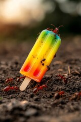 Vibrant Popsicle in Nature Surrounded by Ants on Soil