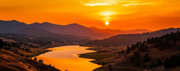 Breathtaking Sunset Over Serene Mountain Lake Landscape