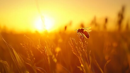 Golden Hour Bee on Grass at Sunset in Vibrant Field