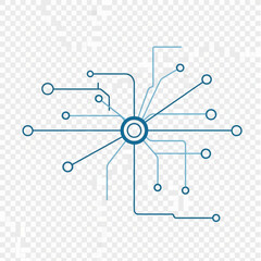 Abstract blue circuit board design with interconnected nodes and lines on a transparent background.