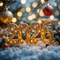 Festive display of illuminated 2026 numbers surrounded by snow and holiday decorations in a cozy .

