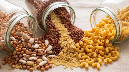 A vibrant display of various grains and pasta spilling from glass jars, showcasing a rich assortment of textures and colors on a neutral surface.
