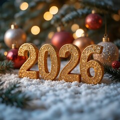 Festive display of illuminated 2026 numbers surrounded by snow and holiday decorations in a cozy .
