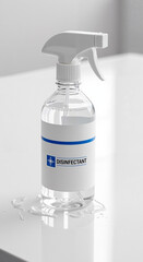 Disinfectant spray bottle positioned on white clinical surface  