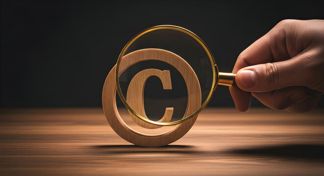 Hand holding a magnifying glass over a wooden copyright symbol on a wooden table emphasizing intellectual property rights and legal protection for creative works and original content creation