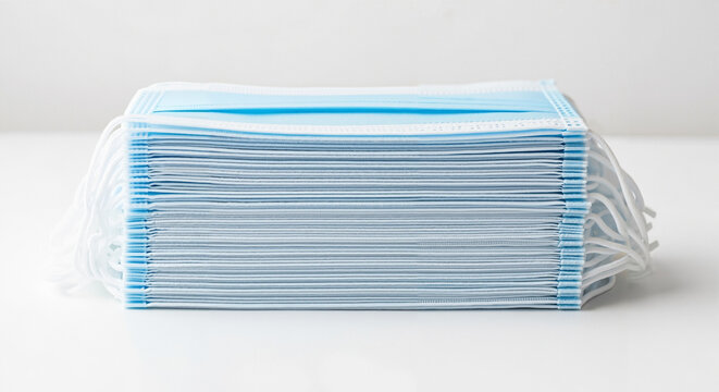 Stack of medical face masks arranged in clean symmetrical pattern  