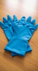 Rubber gloves on table, blue color laid flat on wooden surface  