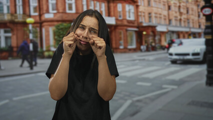 Fototapeta premium Young hispanic woman rubbing her eyes and pulling her cheeks on a city street crosswalk, standing outdoors; sadness fatigue.