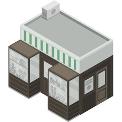 Isometric Pixel Art Storefront With Display Windows and Green Striped Awning Isolated On Transparent Background