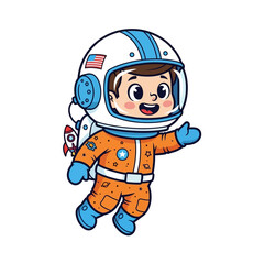 Cartoon illustration of a young boy astronaut in an orange spacesuit with a rocket pack, waving his hand.