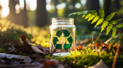 A glass jar with a recycling symbol sits on forest floor, surrounded by leaves and ferns, capturing the essence of sustainability and nature.