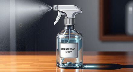 Disinfectant spray bottle with trigger sprayer on wooden table  