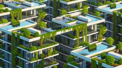 A modern residential complex featuring green rooftops and vertical gardens, blending nature with contemporary architecture.