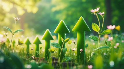 A serene garden scene featuring green upward arrows among vibrant flowers and leaves, symbolizing growth and renewal in nature.