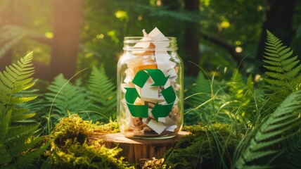 A glass jar filled with recyclable materials sits on a tree stump, surrounded by lush green ferns in a sunlit forest setting.
