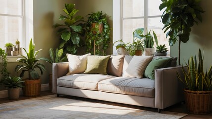 A cozy living room featuring a light sofa and abundant greenery from various plants, creating a serene and inviting atmosphere.